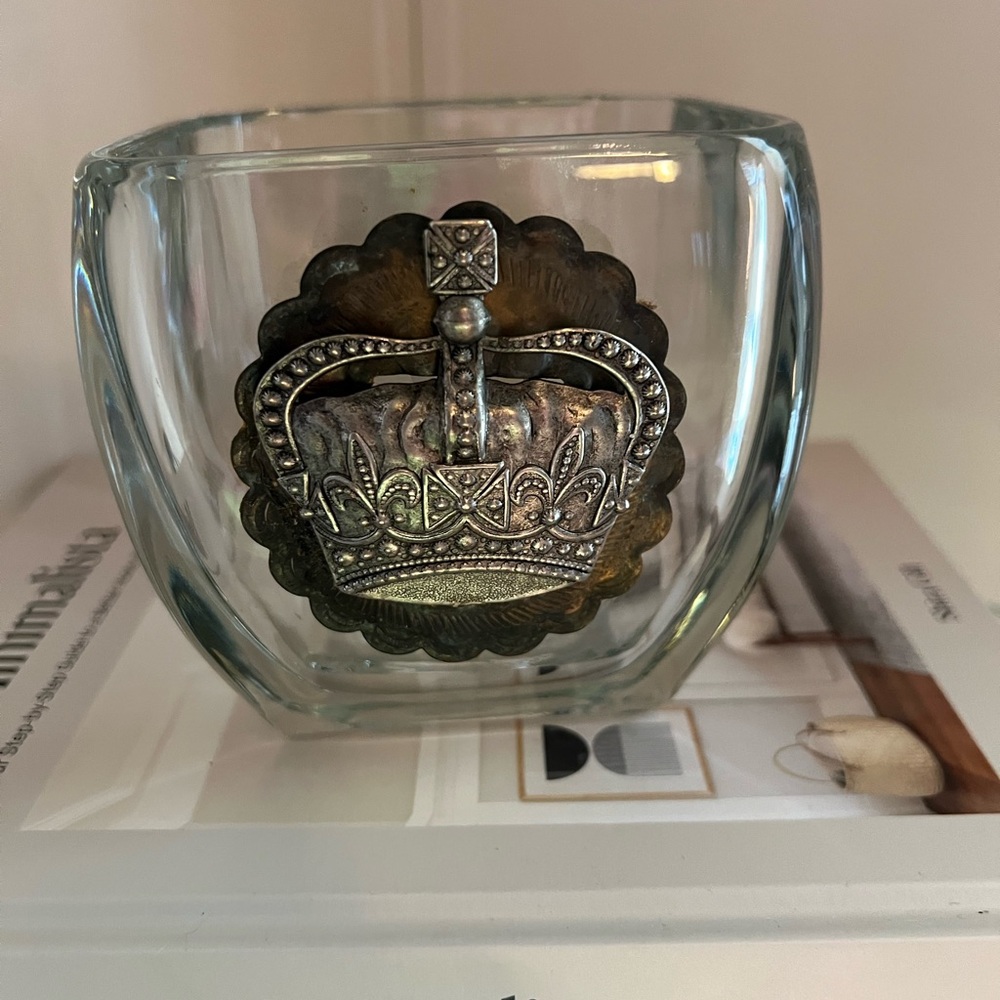 Vintage glass Candle Holder with metal/silver Crown Emblem